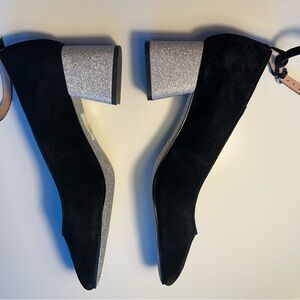 J. Crew Black Suede Block Heels with Glitter Heel, size 6
